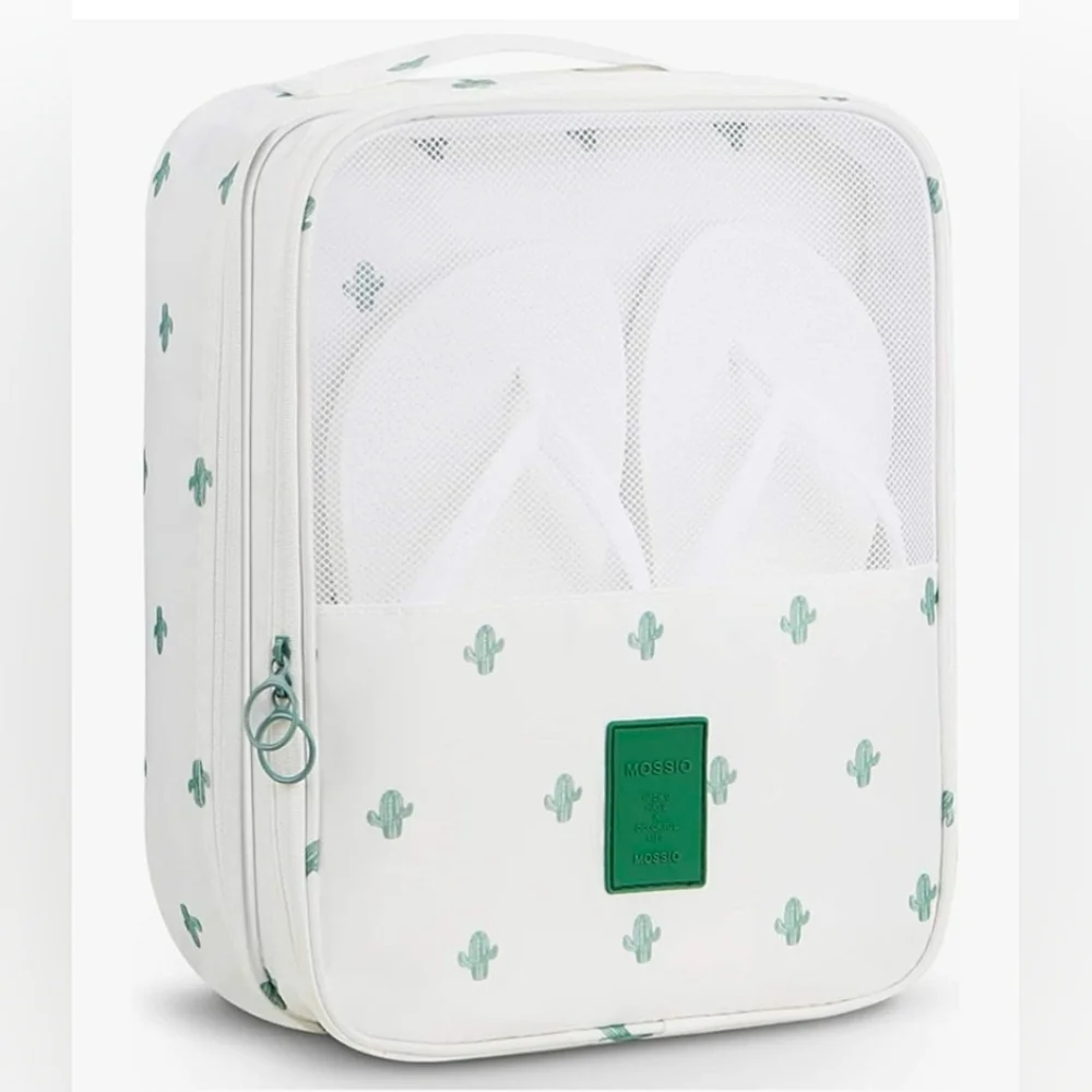 Mossio Travel Shoe Bag 3 Zipper Compartment Storage Packing Cube in White Cactus